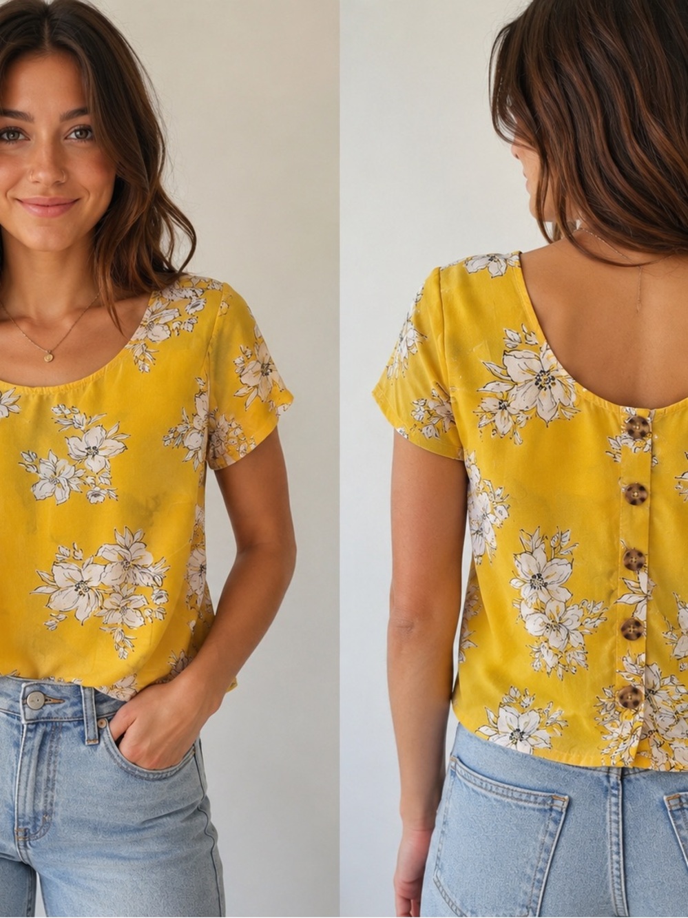 Abercrombie & Fitch Yellow Floral Scoop Neck Short Sleeve Top